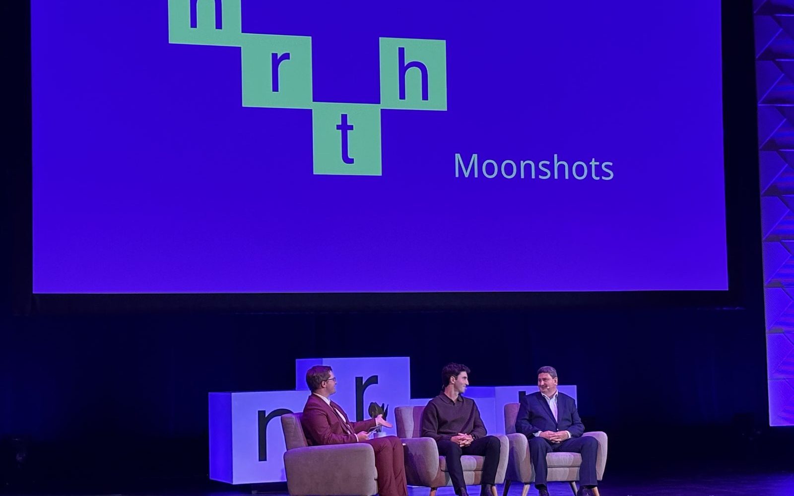 Pictured: The Moonshots stage at NRTH 2026 in Toronto, with Alex Riehl (BetaKit), Greg Hanna (Destiny Copper), Douglas Pimlott (Carbonyx).